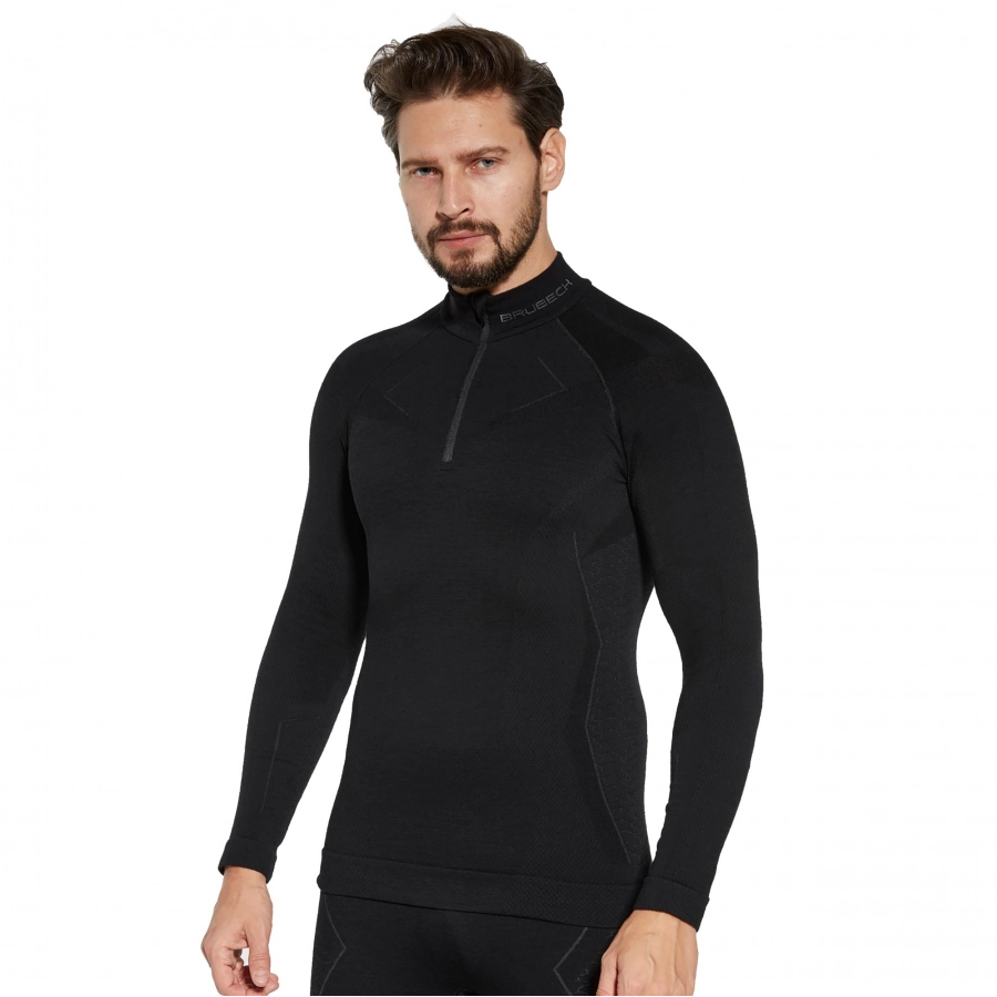 Bluza Brubeck EXTREME MERINO z krótkim zamkiem czarna 3/4