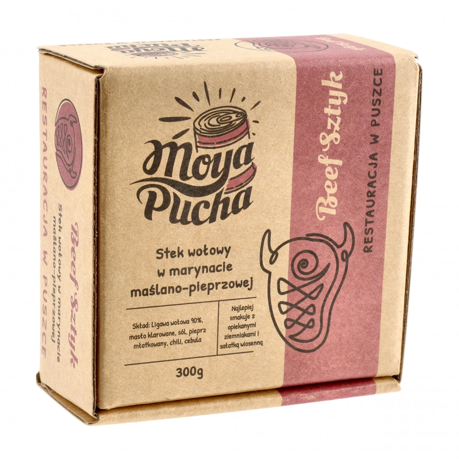 Danie w puszce Moya Pucha Beef Sztyk, stek wołowy w marynacie maślano-pieprzowej 1/5