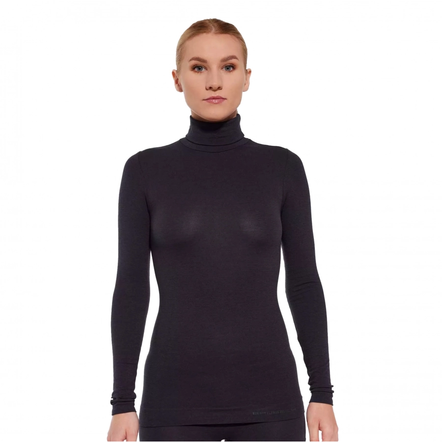 Koszulka z golfem Brubeck COMFORT MERINO damska czarna 3/4